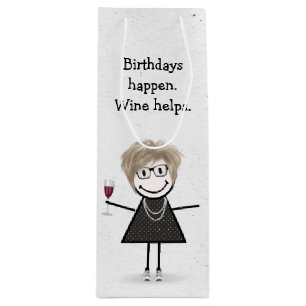 Birthday Stick Figure Girl with Red Wine Glass Gift Bag