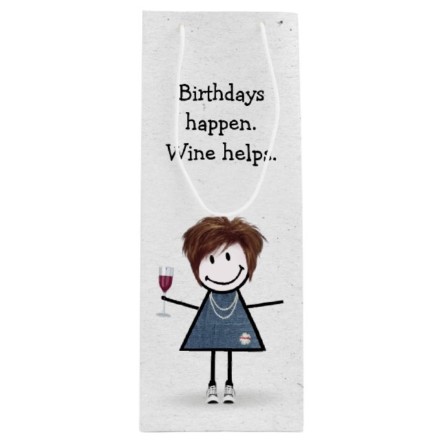 Birthday Stick Figure Girl with Red Wine Glass Wine Gift Bag (Front)