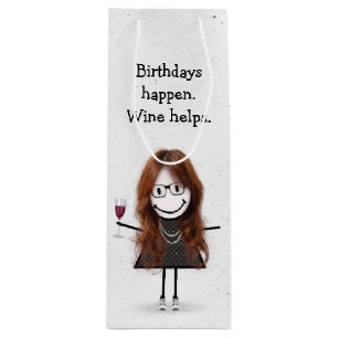 Birthday Stick Figure Girl with Red Wine Glass Wine Gift Bag