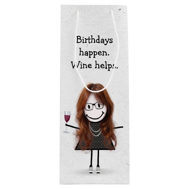 Birthday Stick Figure Girl with Red Wine Glass Wine Gift Bag (Front)