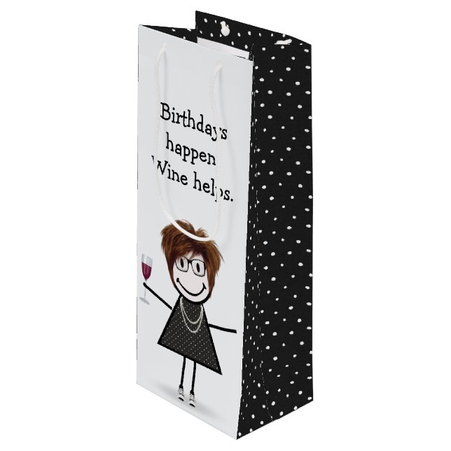 Birthday Stick Figure Girl with Red Wine Glass   Wine Gift Bag (Front Angled)