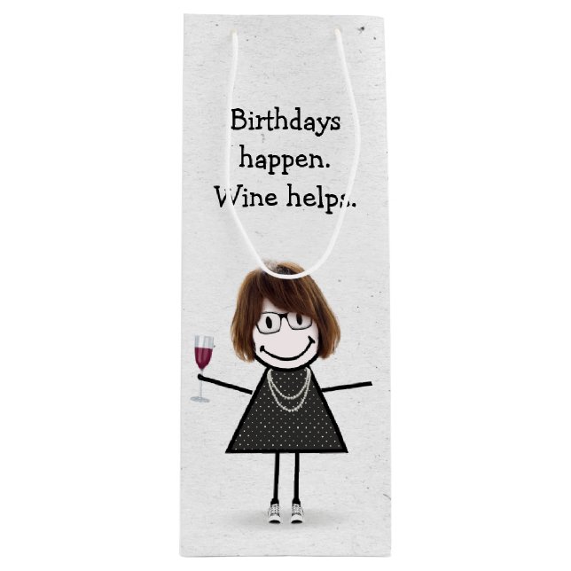 Birthday Stick Figure Girl with Red Wine Glass  Wine Gift Bag (Front)