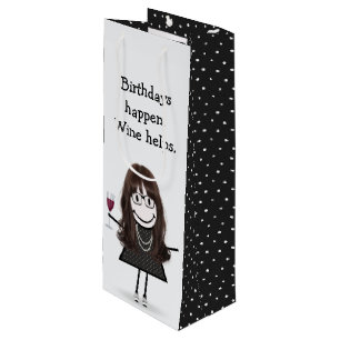 Birthday Stick Figure Girl with Red Wine Glass Wine Gift Bag
