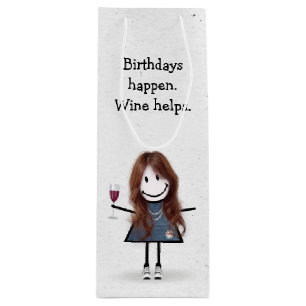 Birthday Stick Figure Girl with Red Wine Glass Wine Gift Bag