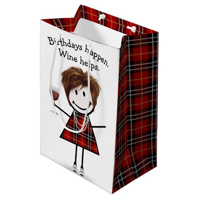 Birthday Stick Figure Girl with Red Wine   Medium Gift Bag (Front Angled)