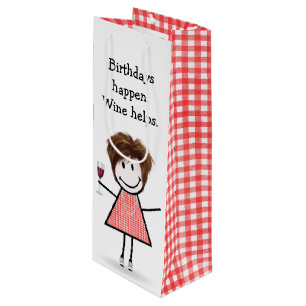 Birthday Stick Figure Girl with Red Wine  Wine Gift Bag