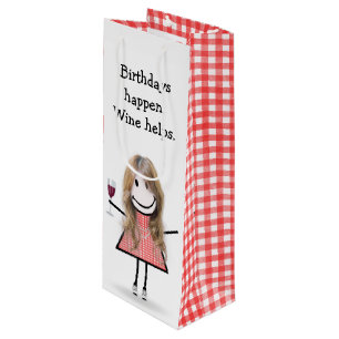 Birthday Stick Figure Girl with Red Wine Wine Gift Bag