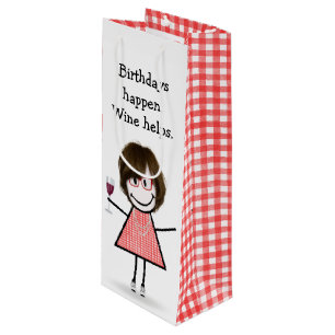 Birthday Stick Figure Girl with Red Wine  Wine Gift Bag