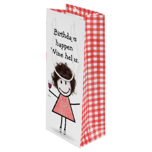 Birthday Stick Figure Girl with Red Wine  Wine Gift Bag