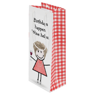 Birthday Stick Figure Girl with Red Wine Wine Gift Bag