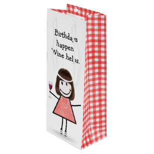 Birthday Stick Figure Girl with Red Wine Wine Gift Bag