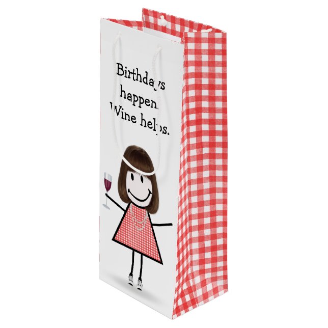 Birthday Stick Figure Girl with Red Wine Wine Gift Bag (Front Angled)