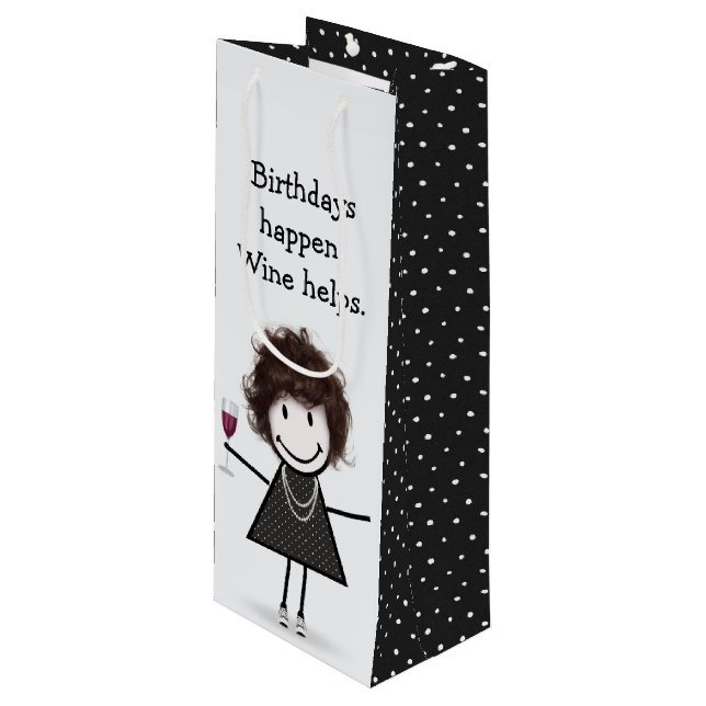 Birthday Stick Figure Girl with Red Wine Wine Gift Bag (Front Angled)
