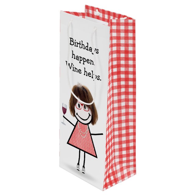 Birthday Stick Figure Girl with Red Wine Wine Gift Bag (Front Angled)