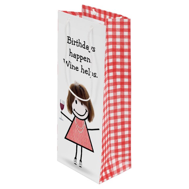 Birthday Stick Figure Girl with Red Wine  Wine Gift Bag (Front Angled)