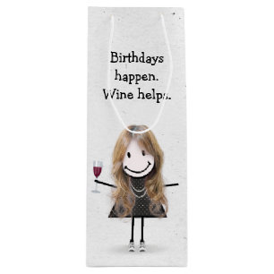 Birthday Stick Figure Girl with Red Wine Wine Gift Bag