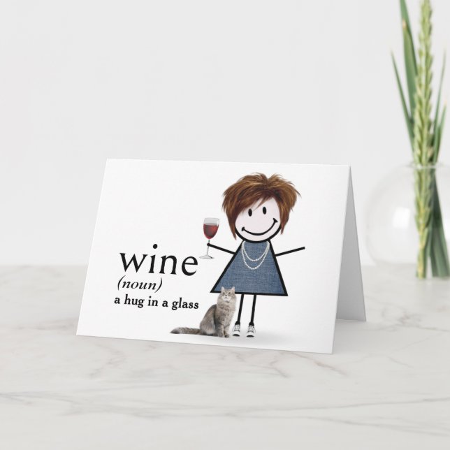 Birthday Stick Figure Girl With Wine And Cat Card (Front)