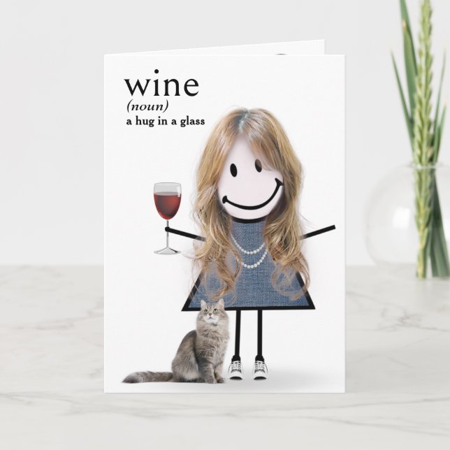 Birthday Stick Figure Girl With Wine And Cat Card (Front)