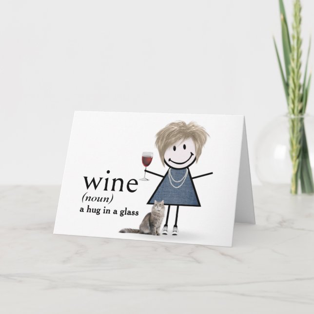 Birthday Stick Figure Girl With Wine And Cat Card (Front)