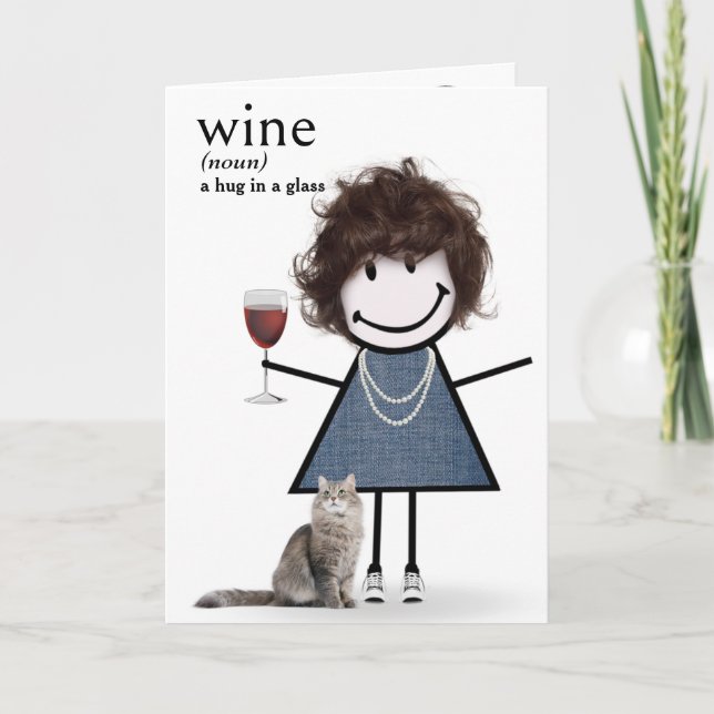 Birthday Stick Figure Girl With Wine And Cat Card (Front)