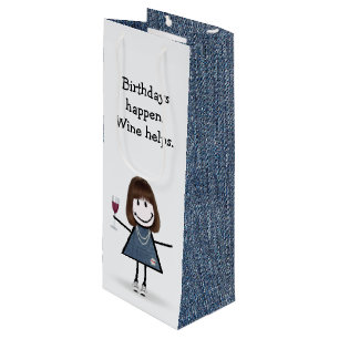 Birthday Stick Figure Girl with Wine Gift Bag