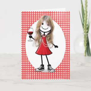 Birthday Stick Figure Girl with Wine Glass Card