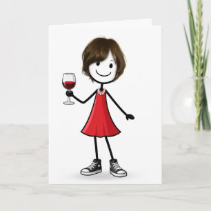 Birthday Stick Figure Girl with Wine Glass Card