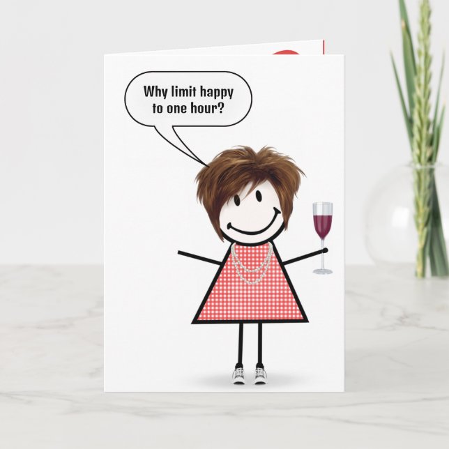 Birthday Stick Figure Girl With Wine Glass Card (Front)