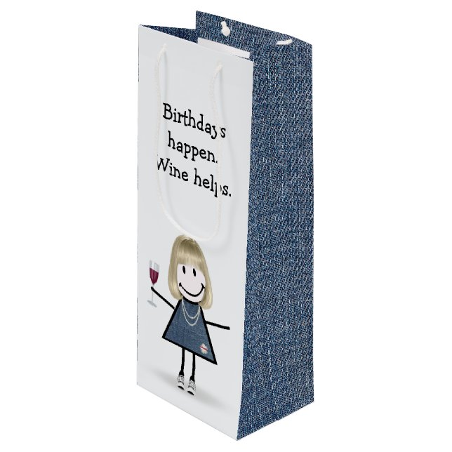 Birthday Stick Figure Girl with Wine Glass  Wine Gift Bag (Front Angled)