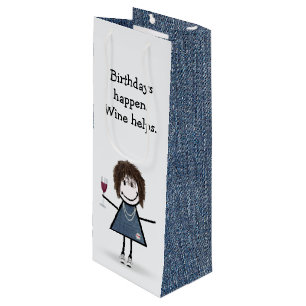 Birthday Stick Figure Girl with Wine Glass Wine Gift Bag