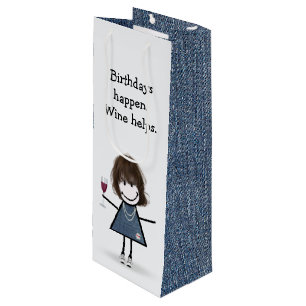 Birthday Stick Figure Girl with Wine Glass Wine Gift Bag
