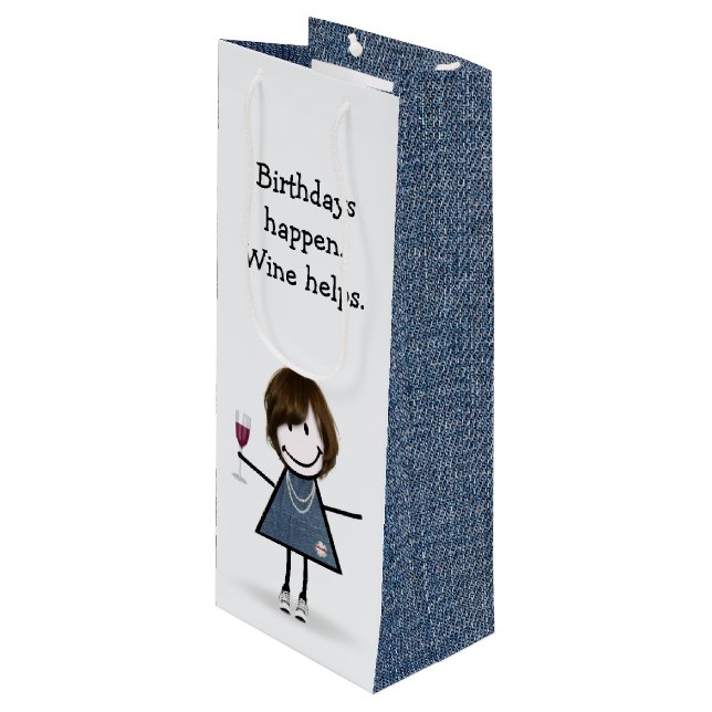 Birthday Stick Figure Girl with Wine Glass Wine Gift Bag (Front Angled)