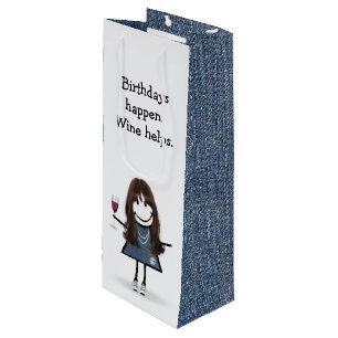 Birthday Stick Figure Girl with Wine Glass Wine Gift Bag