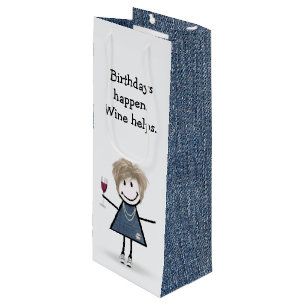 Birthday Stick Figure Girl with Wine Glass Wine Gift Bag