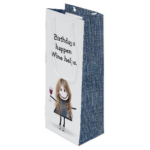 Birthday Stick Figure Girl with Wine Glass Wine Gift Bag