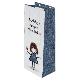 Birthday Stick Figure Girl with Wine Glass Wine  Wine Gift Bag