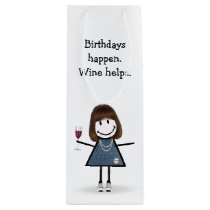 Birthday Stick Figure Girl with Wine  Wine Gift Bag