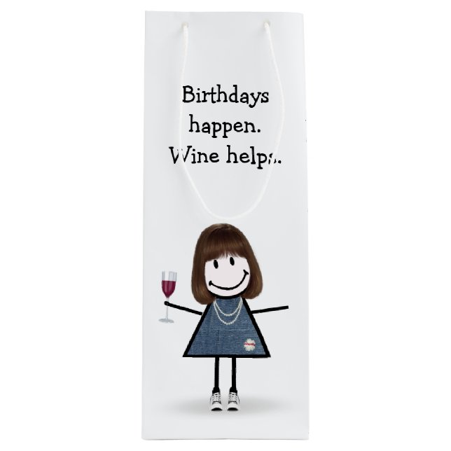 Birthday Stick Figure Girl with Wine  Wine Gift Bag (Front)