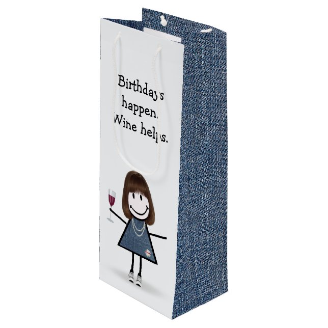 Birthday Stick Figure Girl with Wine Wine Gift Bag (Front Angled)