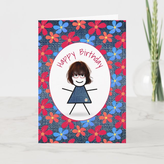 Birthday Stick Girl and Daisies On Blue Denim  Card (Front)