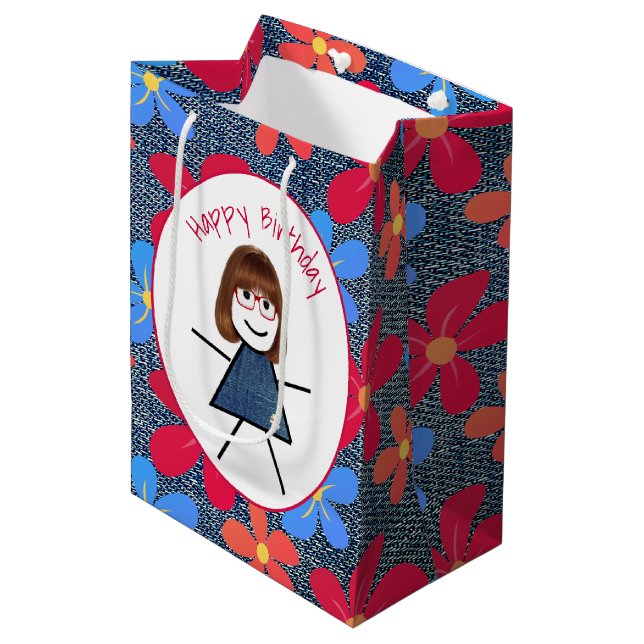 Birthday Stick Girl and Daisies On Blue Denim   Medium Gift Bag (Front Angled)