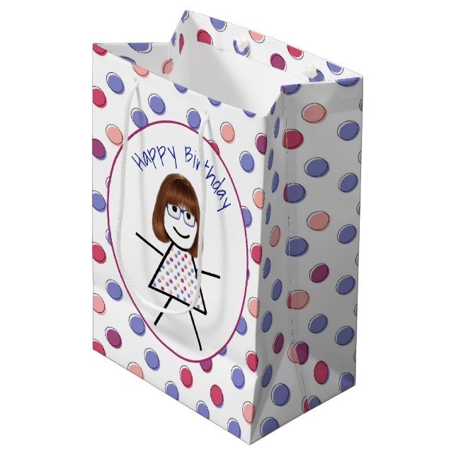 Birthday Stick Girl on Polka Dots Medium Gift Bag (Front Angled)