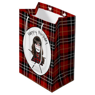 Birthday Stick Girl on Tartan Plaid  Medium Gift Bag