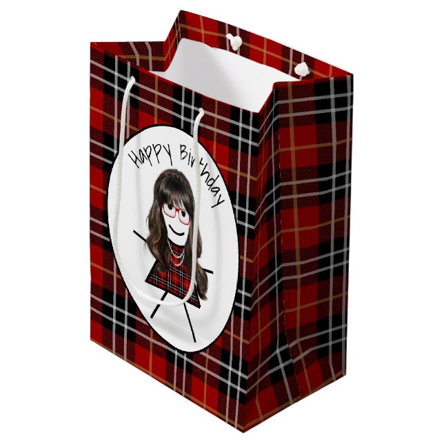 Birthday Stick Girl on Tartan Plaid  Medium Gift Bag (Front Angled)