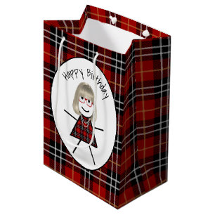 Birthday Stick Girl on Tartan Plaid  Medium Gift Bag
