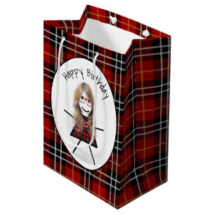 Birthday Stick Girl on Tartan Plaid  Medium Gift Bag