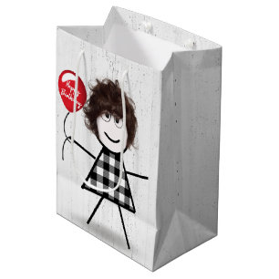 Birthday Stick Girl with Balloon on Wood Medium Gift Bag