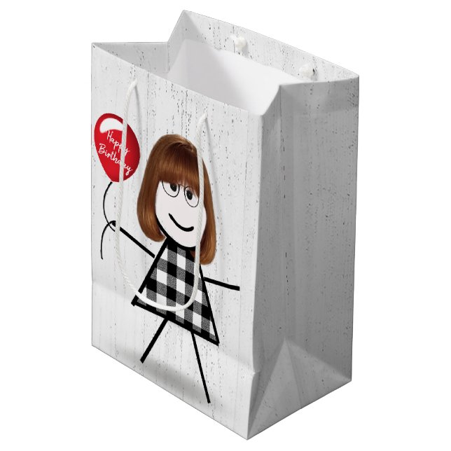 Birthday Stick Girl with Balloon on Wood  Medium Gift Bag (Front Angled)