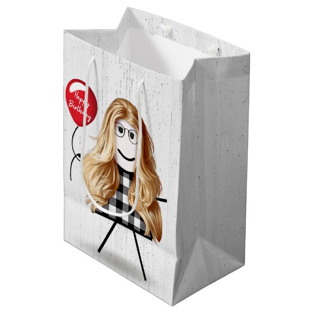 Birthday Stick Girl with Balloon on Wood Medium Gift Bag (Front Angled)
