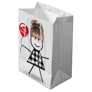 Birthday Stick Girl with Balloon on Wood   Medium Gift Bag